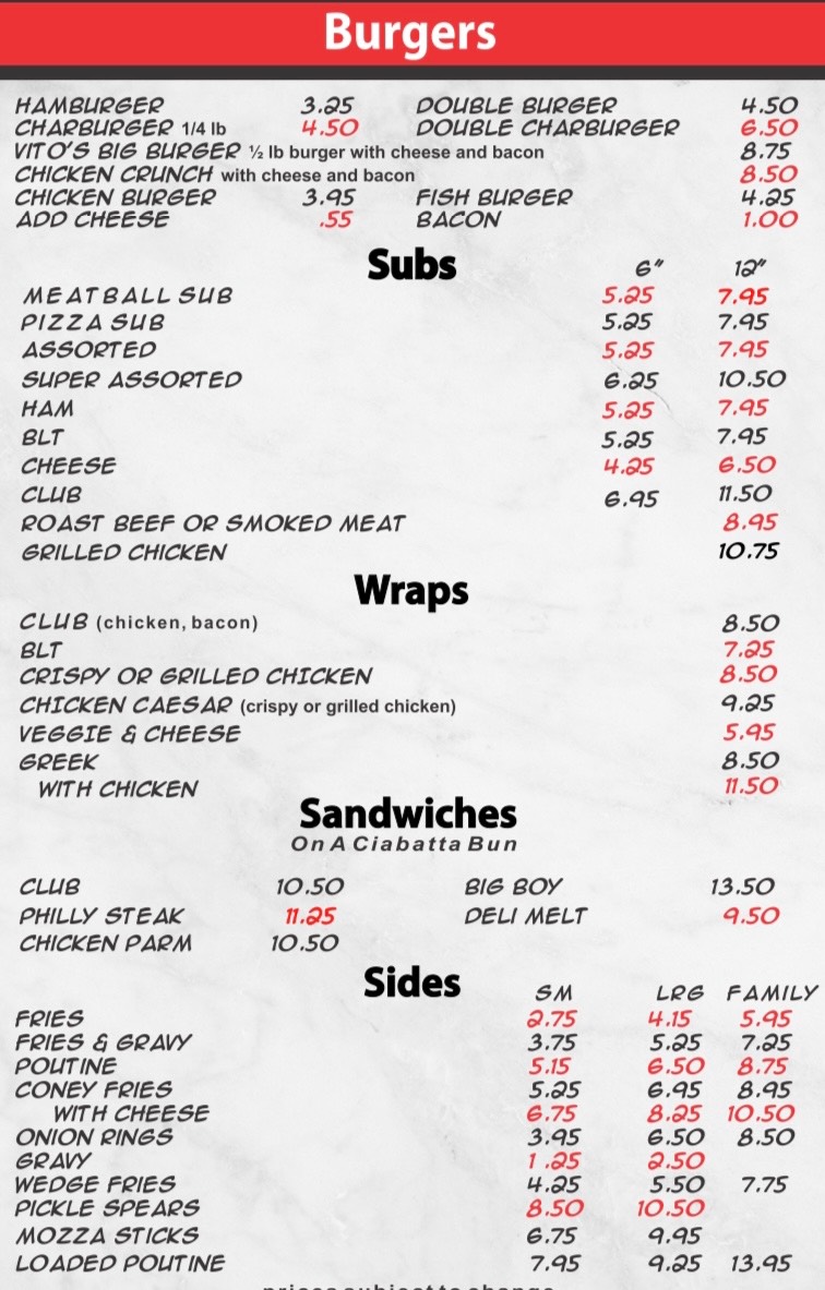 Menu | Vito's Pizza | 613-478-2616 | Tweed, Ontario